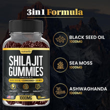 Load image into Gallery viewer, Shilajit Gummies - 3 in 1 with Sea Moss, Black Seed Oil, Ashwagandha - Natural Formula Shilajit Supplement 85+ Trace Minerals, Pure Himalayan Shilajit Gold Gomitas De Shilajit, USA Made (60 Gummies)
